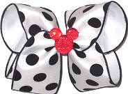 Large Red Glitter Minnie Mouse Silhouette on White Satin with Black Coin Dots over White Double Layer Overlay Bow