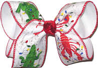 Large Louisiana Christmas Bow Alligator and Crawfish with Christmas Lights over White Double Layer Overlay Bow