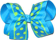 Turquoise with Green Dots and Trim over Turquoise Large Double Layer Bow
