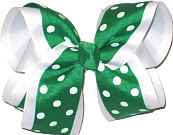 Emerald Green with White Dots over White Large Double Layer Bow