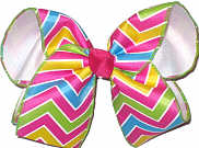 Shocking Pink Green Blue White over White Large Double Layer Bow