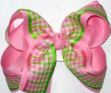 Pink Green and White over Pink Large Double Layer Bow