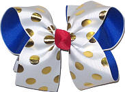 White with Metallic Gold Dots Over Electric Blue Large Double Layer Bow