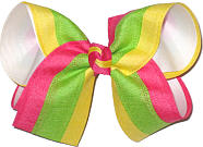 Shocking Pink Green and Yellow Stripes over White MEGA Extra Large Double Layer Bow