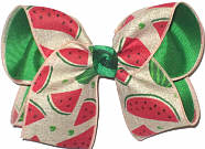 MEGA Watermelon Slices on Khaki Canvas over Green Double Layer Overlay Bow