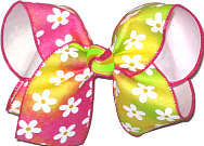 MEGA Shocking Pink Yellow and Green Canvas with Daisies over White Double Layer Overlay Bow