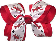 Large Crawfish and Fleur de Lis Print over Red Double Layer Overlay Bow