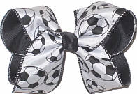 Large Black and White Soccer Balls over Black Double Layer Overlay Bow
