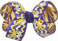 Medium Tiger Cub over Purple and Gold Tiger Stripes Double Layer Overlay Bow