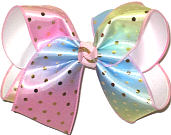 Large Metallic Gold Dots on Pink Blue and Green Pastel over White Double Layer Overlay Bow