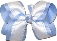 Large White Lace Edge Grosgrain over Millenium Blue Double Layer Overlay Bow