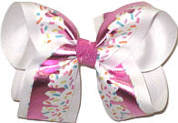 Large Colorful Candy Bits with Metallic Hot Pink Syrup over White Double Layer Overlay Bow
