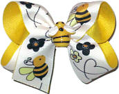 Medium Bumble Bee Ribbon with Bumble Bee Miniature over White Double Layer Overlay Bow