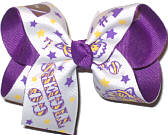 Medium Go Tigers with Tiger Face and Football on White over Purple Double Layer Overlay Bow