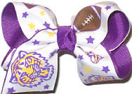 Toddler Purple and Gold Tiger Face with Football on White over Purple Double Layer Overlay Bow